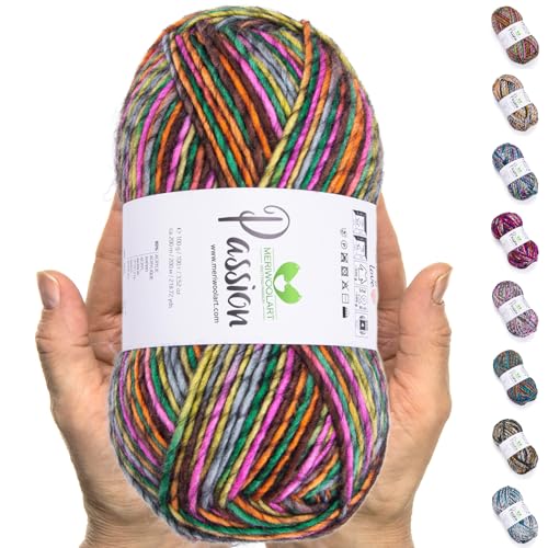 MeriWoolArt® Merino Wolle zum Stricken – 200 m Mehrfarbige Dicke Merinowolle – Weiche Wolle zum Häkeln und Armstricken für Pullover, Schals, Decken, Tücher, DIY Strickprojekte von MERIWOOLART