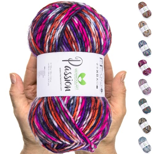 MeriWoolArt® Merino Wolle zum Stricken – 200 m Mehrfarbige Dicke Merinowolle – Weiche Wolle zum Häkeln und Armstricken für Pullover, Schals, Decken, Tücher, DIY Strickprojekte von MERIWOOLART