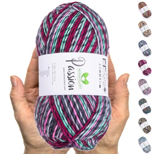 MeriWoolArt® Merino Wolle zum Stricken – 200 m Mehrfarbige Dicke Merinowolle – Weiche Wolle zum Häkeln und Armstricken für Pullover, Schals, Decken, Tücher, DIY Strickprojekte von MERIWOOLART