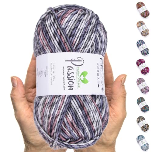 MeriWoolArt® Merino Wolle zum Stricken – 200 m Mehrfarbige Dicke Merinowolle – Weiche Wolle zum Häkeln und Armstricken für Pullover, Schals, Decken, Tücher, DIY Strickprojekte von MERIWOOLART