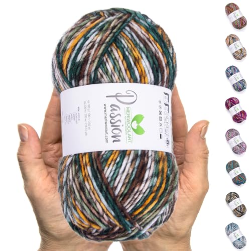 MeriWoolArt® Merino Wolle zum Stricken – 200 m Mehrfarbige Dicke Merinowolle – Weiche Wolle zum Häkeln und Armstricken für Pullover, Schals, Decken, Tücher, DIY Strickprojekte von MERIWOOLART