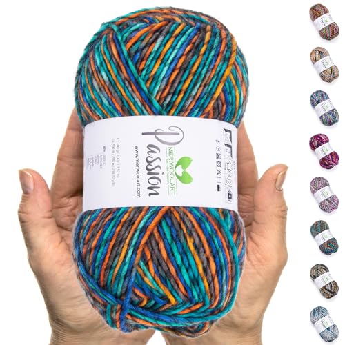 MeriWoolArt® Merino Wolle zum Stricken – 200 m Mehrfarbige Dicke Merinowolle – Weiche Wolle zum Häkeln und Armstricken für Pullover, Schals, Decken, Tücher, DIY Strickprojekte von MERIWOOLART