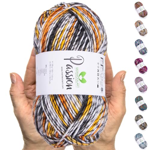 MeriWoolArt® Merino Wolle zum Stricken – 200 m Mehrfarbige Dicke Merinowolle – Weiche Wolle zum Häkeln und Armstricken für Pullover, Schals, Decken, Tücher, DIY Strickprojekte von MERIWOOLART