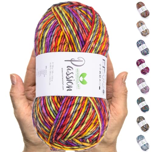 MeriWoolArt® Merino Wolle zum Stricken – 200 m Mehrfarbige Dicke Merinowolle – Weiche Wolle zum Häkeln und Armstricken für Pullover, Schals, Decken, Tücher, DIY Strickprojekte von MERIWOOLART