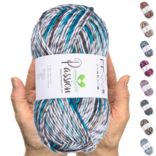 MeriWoolArt® Merino Wolle zum Stricken – 200 m Mehrfarbige Dicke Merinowolle – Weiche Wolle zum Häkeln und Armstricken für Pullover, Schals, Decken, Tücher, DIY Strickprojekte von MERIWOOLART