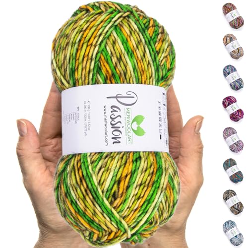 MeriWoolArt® Merino Wolle zum Stricken – 200 m Mehrfarbige Dicke Merinowolle – Weiche Wolle zum Häkeln und Armstricken für Pullover, Schals, Decken, Tücher, DIY Strickprojekte von MERIWOOLART