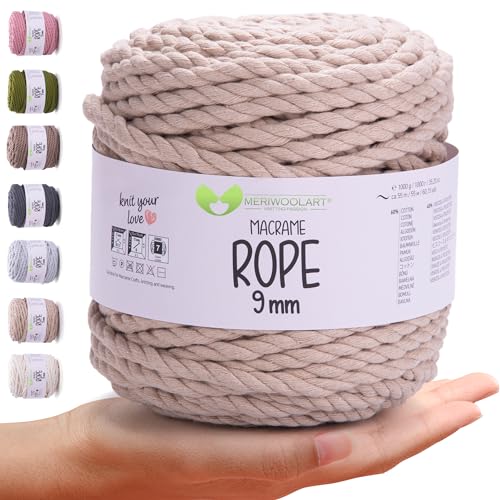 MeriWoolArt® Premium Makramee Garn 9 mm x 10m (Beige), Baumwollgarn Kordel, Dicke Makramee Seil für Wandbehang, Blumenampel, Vorhang und Mehr DIY Handwerk von MERIWOOLART