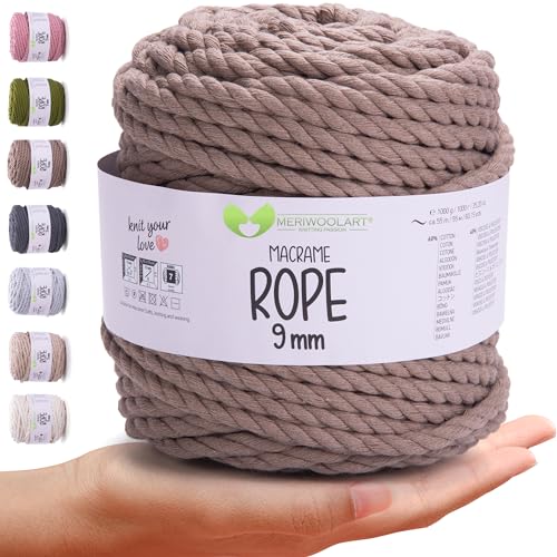 MeriWoolArt® Premium Makramee Garn 9 mm x 10m (Dunkelgrau), Baumwollgarn Kordel, Dicke Makramee Seil für Wandbehang, Blumenampel, Vorhang und Mehr DIY Handwerk von MERIWOOLART