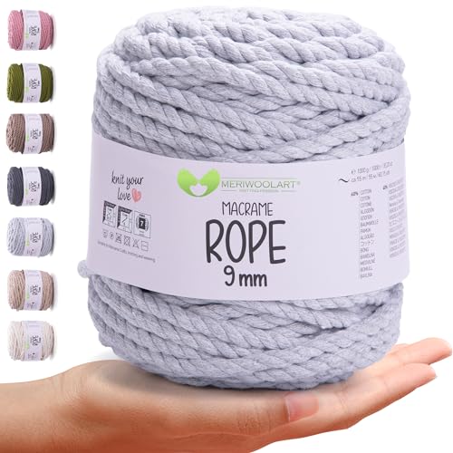 MeriWoolArt® Premium Makramee Garn 9 mm x 10m (Hellgrau), Baumwollgarn Kordel, Dicke Makramee Seil für Wandbehang, Blumenampel, Vorhang und Mehr DIY Handwerk von MERIWOOLART