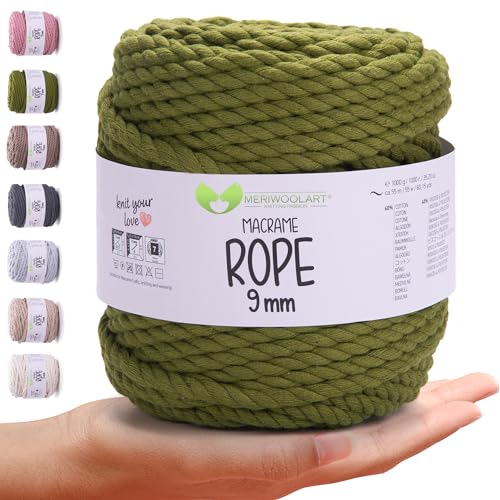 MeriWoolArt® Premium Makramee Garn 9 mm x 1m (Salbei), Baumwollgarn Kordel, Dicke Makramee Seil für Wandbehang, Blumenampel, Vorhang und Mehr DIY Handwerk von MERIWOOLART