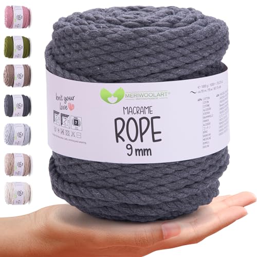 MeriWoolArt® Premium Makramee Garn 9 mm x 55m (Graphit), Baumwollgarn Kordel, Dicke Makramee Seil für Wandbehang, Blumenampel, Vorhang und Mehr DIY Handwerk von MERIWOOLART