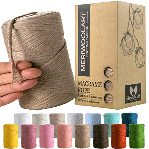 MeriWoolArt® Premium Makramee Garn Beige - Makramee Baumwollgarn 3mm x 200m - Super weiches Garn, einfach gedrehte Makramee Schnur - Öko-Tex 100% recyceltes Baumwolle für DIY Boho Deko Handwerk von MERIWOOLART