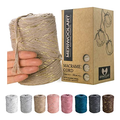 MeriWoolArt® Premium Makramee Garn Beige - Makramee Baumwollgarn 3mm x 200m - Super weiches Garn, einfach gedrehte Makramee Schnur - Öko-Tex 96% recyceltes Baumwolle für DIY Boho Deko Handwerk von MERIWOOLART