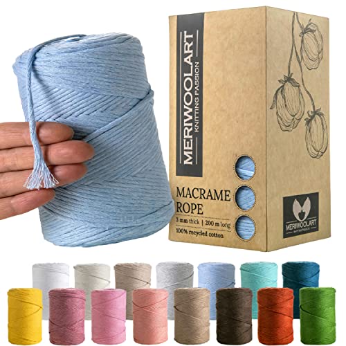 MeriWoolArt® Premium Makramee Garn Blau - Makramee Baumwollgarn 3mm x 200m - Super weiches Garn, einfach gedrehte Makramee Schnur - 100% Baumwolle für DIY Boho Deko Handwerk von MERIWOOLART