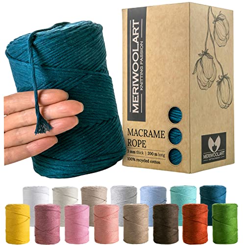 MeriWoolArt® Premium Makramee Garn Blau - Makramee Baumwollgarn 3mm x 200m - Super weiches Garn, einfach gedrehte Makramee Schnur - Öko-Tex 100% recyceltes Baumwolle für DIY Boho Deko Handwerk von MERIWOOLART