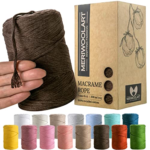 MeriWoolArt® Premium Makramee Garn Braun - Makramee Baumwollgarn 3mm x 200m - Super weiches Garn, einfach gedrehte Makramee Schnur - Öko-Tex 100% recyceltes Baumwolle für DIY Boho Deko Handwerk von MERIWOOLART