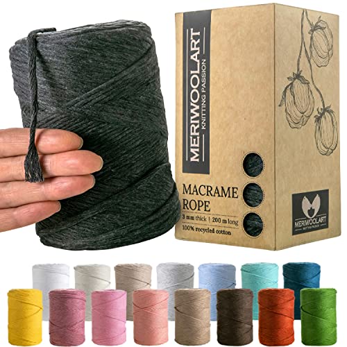 MeriWoolArt® Premium Makramee Garn Grau - Makramee Baumwollgarn 3mm x 200m - Super weiches Garn, einfach gedrehte Makramee Schnur - 100% Baumwolle für DIY Boho Deko Handwerk von MERIWOOLART