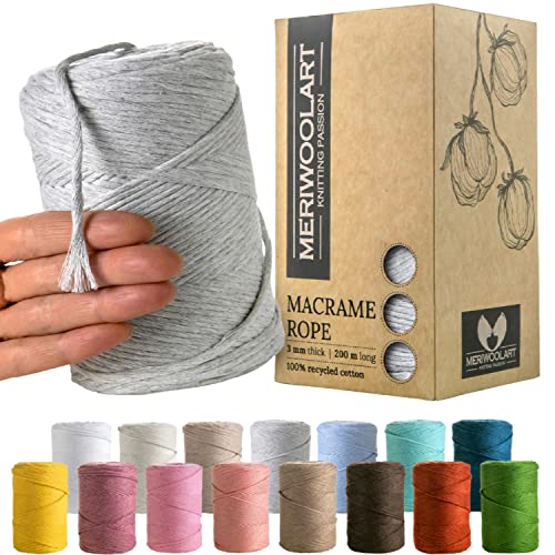 MeriWoolArt® Premium Makramee Garn Grau - Makramee Baumwollgarn 3mm x 200m - Super weiches Garn, einfach gedrehte Makramee Schnur - Öko-Tex 100% recyceltes Baumwolle für DIY Boho Deko Handwerk von MERIWOOLART