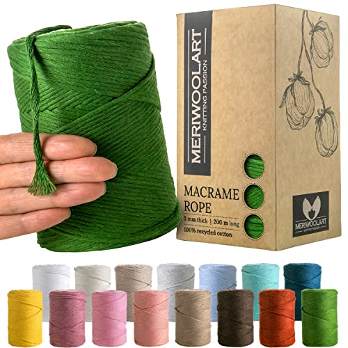 MeriWoolArt® Premium Makramee Garn Grün - Makramee Baumwollgarn 3mm x 200m - Super weiches Garn, einfach gedrehte Makramee Schnur - Öko-Tex 100% recyceltes Baumwolle für DIY Boho Deko Handwerk von MERIWOOLART