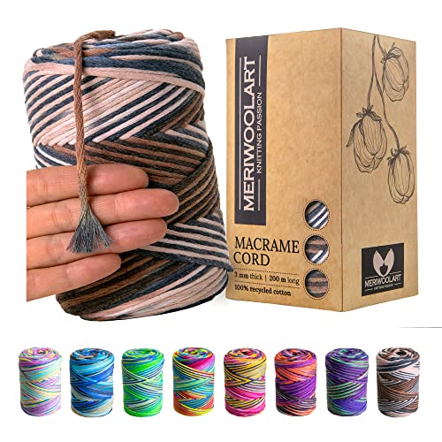 MeriWoolArt® Premium Makramee Garn - Makramee Baumwollgarn 3mm x 200m - Super weiches Garn, einfach gedrehte Makramee Schnur - Öko-Tex 100% recyceltes Baumwolle für DIY Boho Deko Handwerk von MERIWOOLART