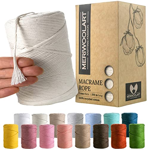 MeriWoolArt® Premium Makramee Garn Natur - Makramee Baumwollgarn 3mm x 200m - Super weiches Garn, einfach gedrehte Makramee Schnur - 100% Baumwolle für DIY Boho Deko Handwerk von MERIWOOLART