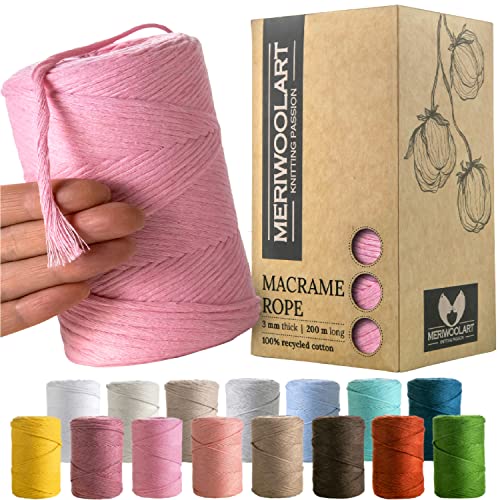 MeriWoolArt® Premium Makramee Garn Rosa - Makramee Baumwollgarn 3mm x 200m - Super weiches Garn, einfach gedrehte Makramee Schnur - Öko-Tex 100% recyceltes Baumwolle für DIY Boho Deko Handwerk von MERIWOOLART