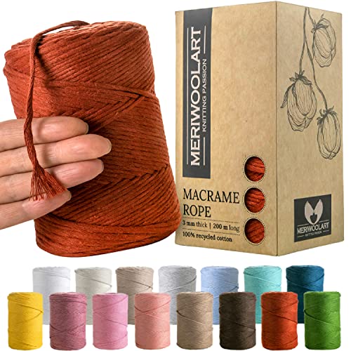 MeriWoolArt® Premium Makramee Garn Rot - Makramee Baumwollgarn 3mm x 200m - Super weiches Garn, einfach gedrehte Makramee Schnur - Öko-Tex 100% recyceltes Baumwolle für DIY Boho Deko Handwerk von MERIWOOLART