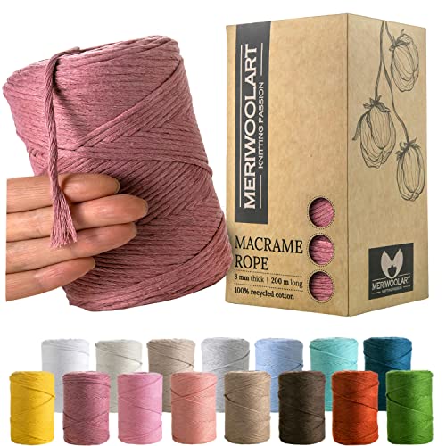 MeriWoolArt® Premium Makramee Garn Violett - Makramee Baumwollgarn 3mm x 200m - Super weiches Garn, einfach gedrehte Makramee Schnur - 100% Baumwolle für DIY Boho Deko Handwerk von MERIWOOLART