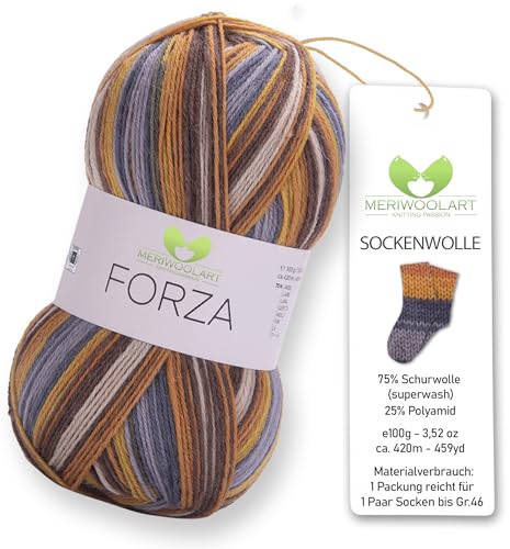 MeriWoolArt® Sockenwolle 4-fädig – 100g Merino Wolle Garn zum Stricken & Häkeln, 75% Schurwolle (superwash), 25% Polyamid, 420m – Ideal für Socken für Herren und Damen, Pullover & Cardigans 2504 von MERIWOOLART