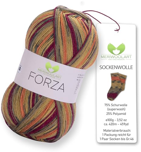 MeriWoolArt® Sockenwolle 4-fädig – 100g Merino Wolle Garn zum Stricken & Häkeln, 75% Schurwolle (superwash), 25% Polyamid, 420m – Ideal für Socken für Herren und Damen, Pullover & Cardigans 2509 von MERIWOOLART