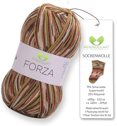 MeriWoolArt® Sockenwolle 4-fädig – 100g Merino Wolle Garn zum Stricken & Häkeln, 75% Schurwolle (superwash), 25% Polyamid, 420m – Ideal für Socken für Herren und Damen, Pullover & Cardigans 2511 von MERIWOOLART