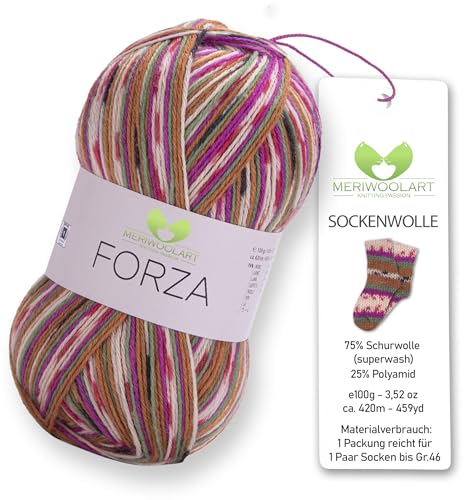 MeriWoolArt® Sockenwolle 4-fädig – 100g Merino Wolle Garn zum Stricken & Häkeln, 75% Schurwolle (superwash), 25% Polyamid, 420m – Ideal für Socken für Herren und Damen, Pullover & Cardigans 2513 von MERIWOOLART