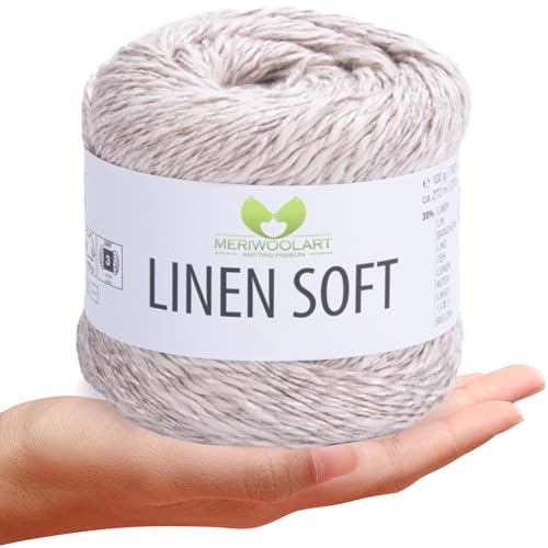 MeriWoolArt ® Linen Soft Garn - Premium Natur Leinen Baumwollmischung, Umweltfreundliches Strick- & Häkelgarn, 100g Strang, Atmungsaktiv & Weich, Mehrfarbige Optionen von MERIWOOLART