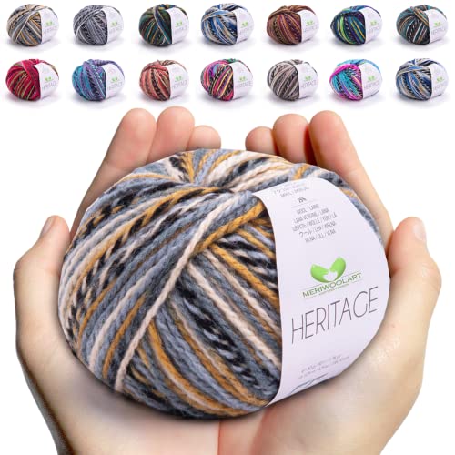 MeriWoolArt Merino Wolle zum Stricken und Häkeln – 125 m Mehrfarbige Dicke Weiche Merinowolle garn für Pullover Jacken – DIY Acryl Strickgarn für Schals, Halstücher, Socken und Wintergeschenke von MERIWOOLART