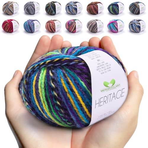 MeriWoolArt Merino Wolle zum Stricken und Häkeln – 125 m Mehrfarbige Dicke Weiche Merinowolle garn für Pullover Jacken – DIY Acryl Strickgarn für Schals, Halstücher, Socken und Wintergeschenke von MERIWOOLART