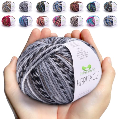 MeriWoolArt Merino Wolle zum Stricken und Häkeln – 125 m Mehrfarbige Dicke Weiche Merinowolle garn für Pullover Jacken – DIY Acryl Strickgarn für Schals, Halstücher, Socken und Wintergeschenke von MERIWOOLART