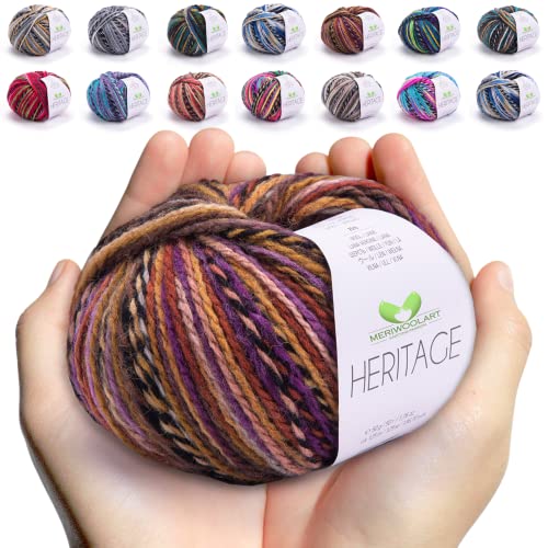 MeriWoolArt Merino Wolle zum Stricken und Häkeln – 125 m Mehrfarbige Dicke Weiche Merinowolle garn für Pullover Jacken – DIY Acryl Strickgarn für Schals, Halstücher, Socken und Wintergeschenke von MERIWOOLART