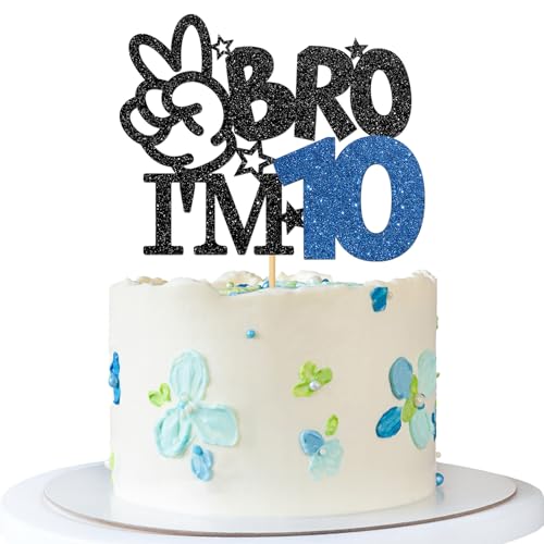 Bro I'm 10 Tortenaufsatz – Tortenaufsatz zum 10. Geburtstag – Ten Years Old – Big Brother 10. Geburtstag Party Dekoration – Schwarz Blau Glitzer von MERRSHIN