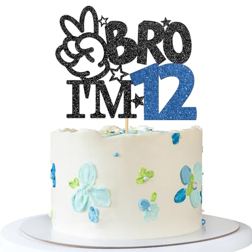 Bro I'm 12 Cake Topper - Boy 12th Birthday Cake Supplies - 12 Years Old - Big Brother 12th Birthday Party Decoration - Black Blue Glitter von MERRSHIN