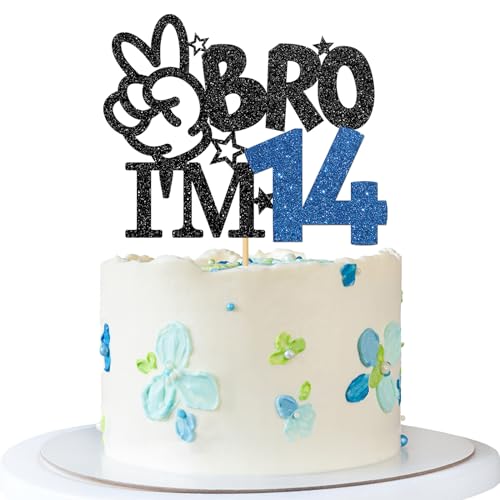 Bro I'm 14 Cake Topper – Boy 14th Birthday Cake Supplies – 14 Years Old – Big Brother 14th Birthday Party Decoration – Schwarz Blau Glitzer von MERRSHIN