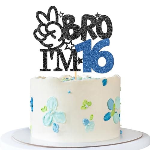 Bro I'm 16 Cake Topper - Boy 16th Birthday Cake Supplies - 16 Years Old - Big Brother 16th Birthday Party Decoration - Black Blue Glitter von MERRSHIN