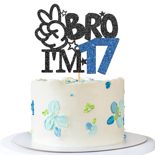 Bro I'm 17 Cake Topper – Boy 17th Birthday Cake Supplies – 17 Years Old – Big Brother 17th Birthday Party Decoration – Schwarz Blau Glitzer von MERRSHIN