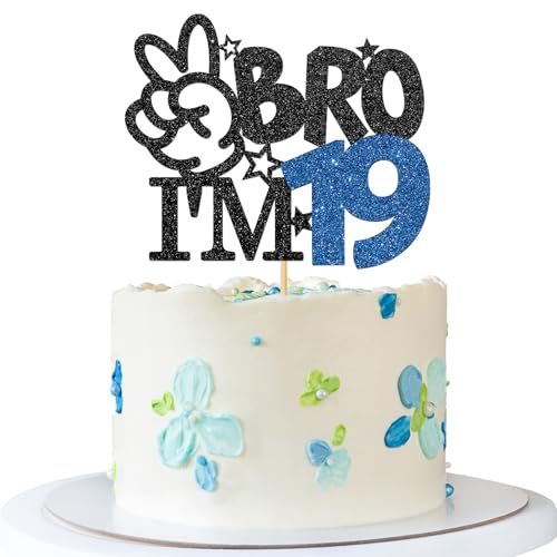 Bro I'm 19 Cake Topper - Boy 19th Birthday Cake Supplies - 19 Years Old - Big Brother 19th Birthday Party Decoration - Black Blue Glitter von MERRSHIN