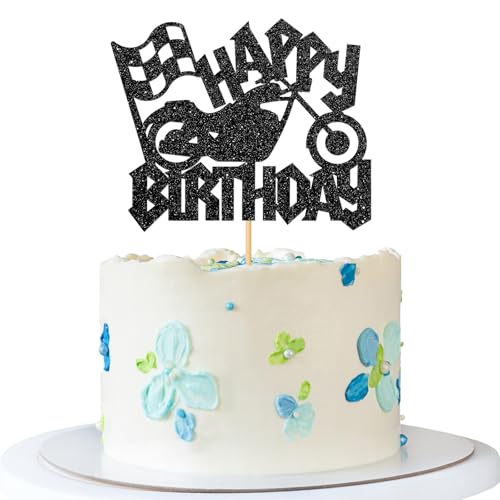 Motorrad-Happy Birthday-Kuchenaufsatz – Dirt Bike Party-Kuchenzubehör – Motorrad Let's Party – Sport-Party-Dekorationen – schwarzer Glitzer von MERRSHIN