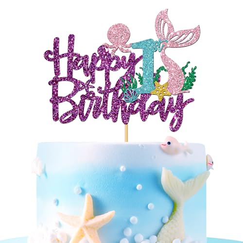 Tortenaufsatz "Mermaid Happy 1st Brithday" – unter dem Meer Thema Mädchen für Kinder, One Birthday Cake Supplies/Ocean World 1. Meerjungfrau Geburtstag Party Dekoration – Lila Glitzer von MERRSHIN