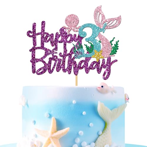 Tortenaufsatz "Mermaid Happy 3rd Brithday" – unter dem Meer Thema Mädchen Kinder drei Geburtstag Kuchenzubehör / Ocean World 3. Meerjungfrau Geburtstag Party Dekoration – Lila Glitzer von MERRSHIN