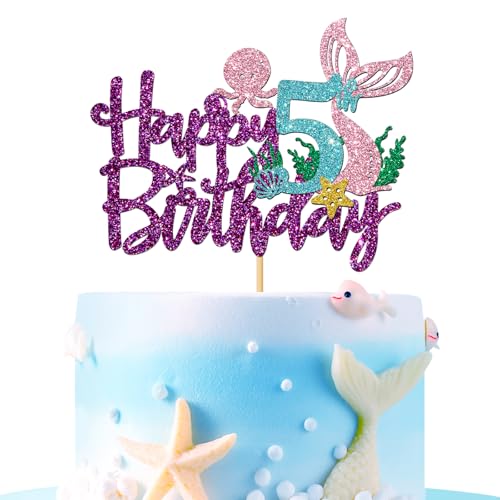 Tortenaufsatz "Mermaid Happy 5th Brithday" – unter dem Meer Thema Mädchen Kind 5. Geburtstag Kuchenzubehör / Ocean World 5. Meerjungfrau Geburtstag Party Dekoration – Lila Glitzer von MERRSHIN