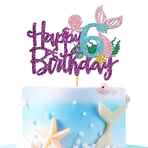 Tortenaufsatz "Mermaid Happy 6th Brithday" – unter dem Meer Thema Mädchen Kinder Sechs Geburtstag Kuchen Supplies/Ocean World 6. Meerjungfrau Geburtstag Party Dekoration – Lila Glitzer von MERRSHIN