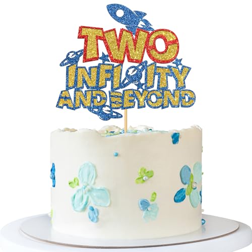 Tortenaufsatz mit Aufschrift "Two Infinity & Beyond" – Junge Mädchen Kind 2. Geburtstag – 2 Jahre alt – Weltraum-Geburtstagsparty-Dekoration – Blauer Glitzer von MERRSHIN