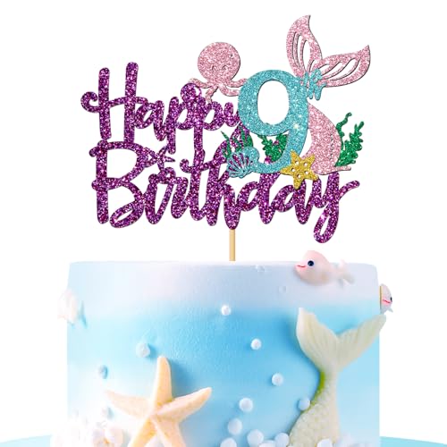 Tortenaufsatz mit Meerjungfrauen-Motiv "Happy 9th Brithday" – unter dem Meer Thema Mädchen Kid Nnie Birthday Cake Supplies/Ocean World 9. Meerjungfrau Geburtstag Party Dekoration – Lila Glitzer von MERRSHIN